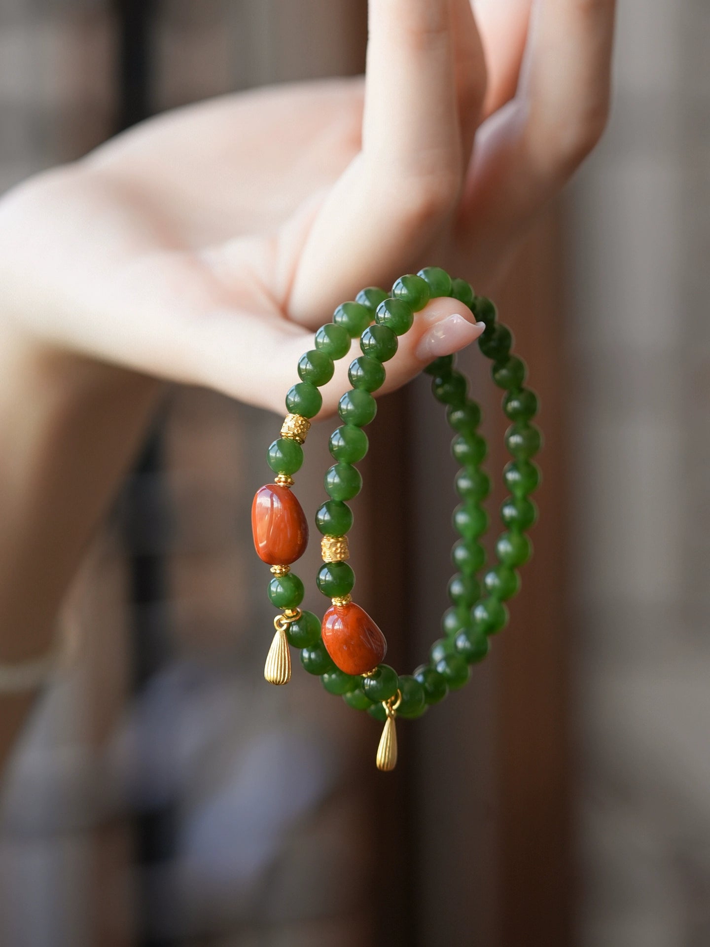 "Little Green Snake" natural Hetian jade women's beaded bracelet