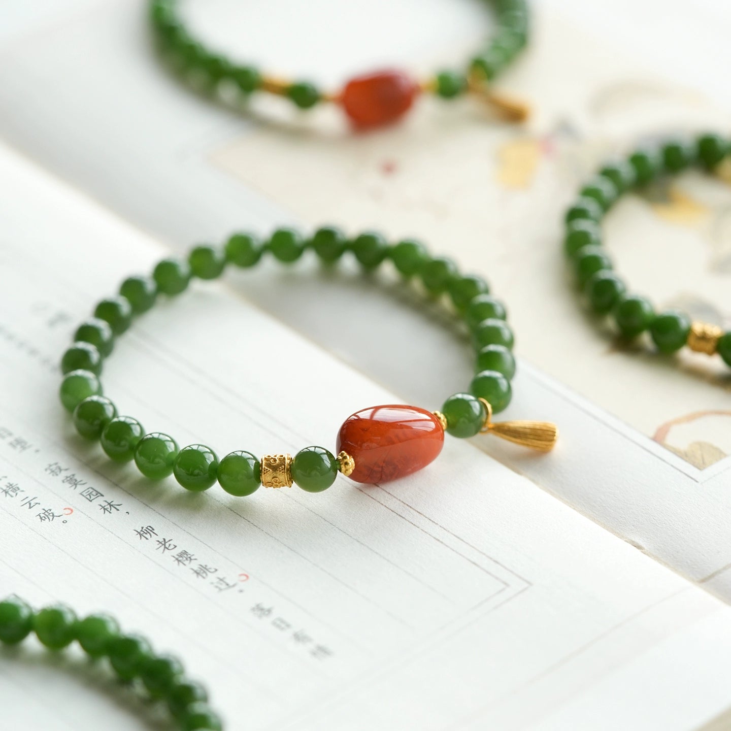 "Little Green Snake" natural Hetian jade women's beaded bracelet