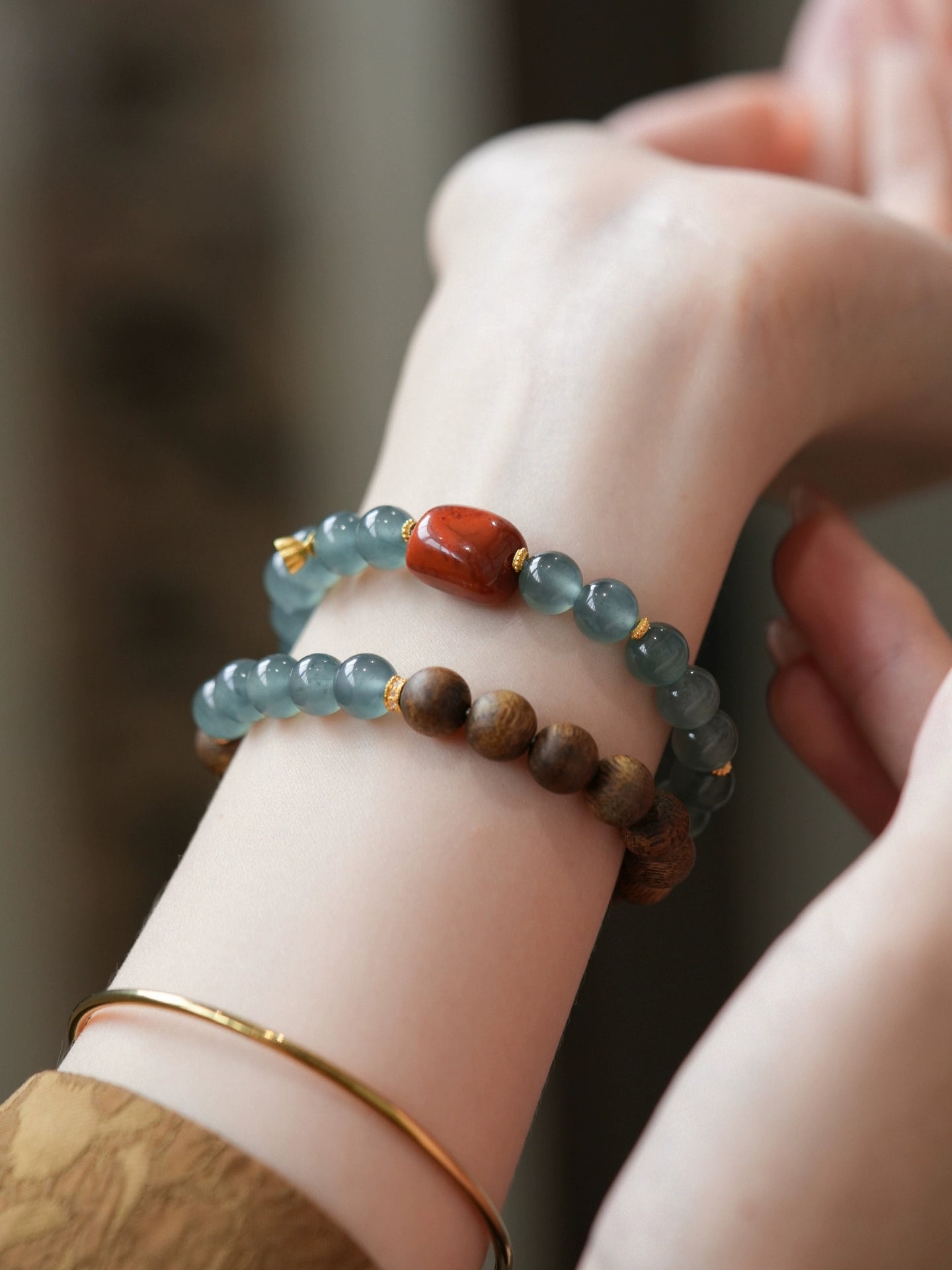 natural blue water ice jade double circle bracelet